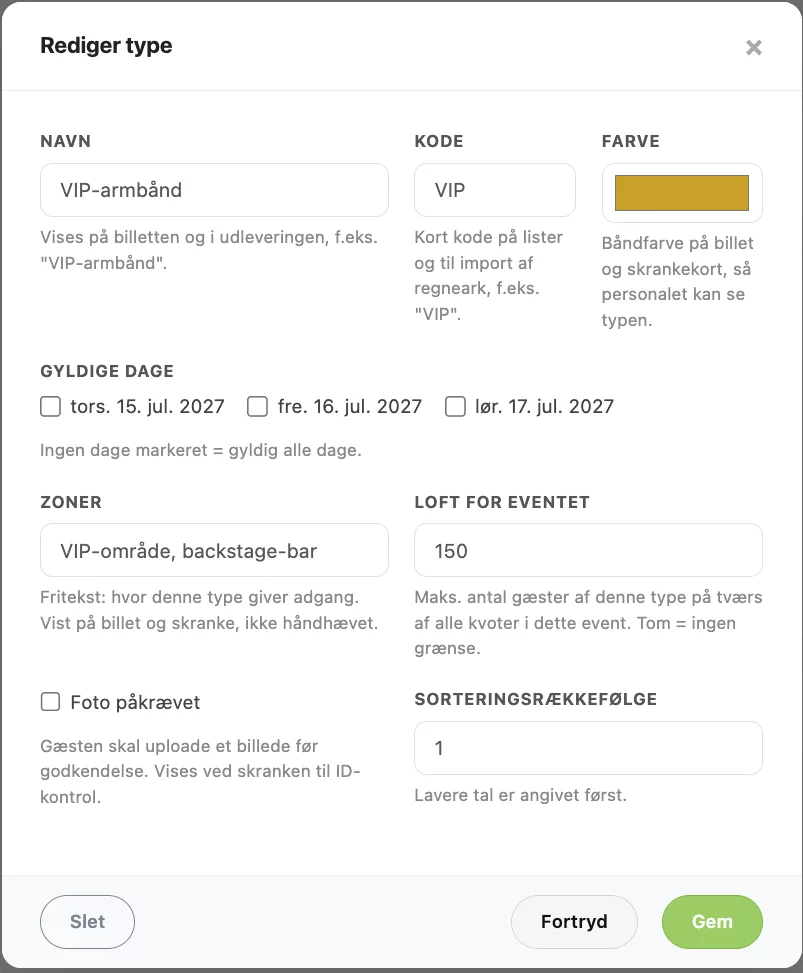 En udfyldt akkrediteringstype: VIP-armbånd med zoner og loft på 150