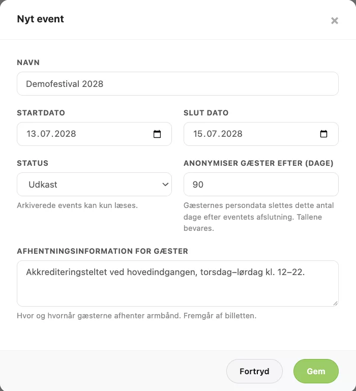 Formularen Nyt event, udfyldt