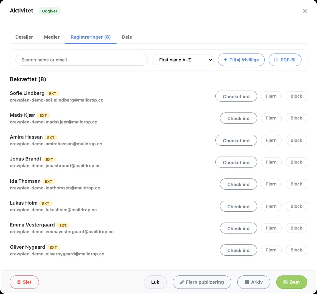 Deltagerlisten med check-in, også for deltagere uden CrewPlan-profil