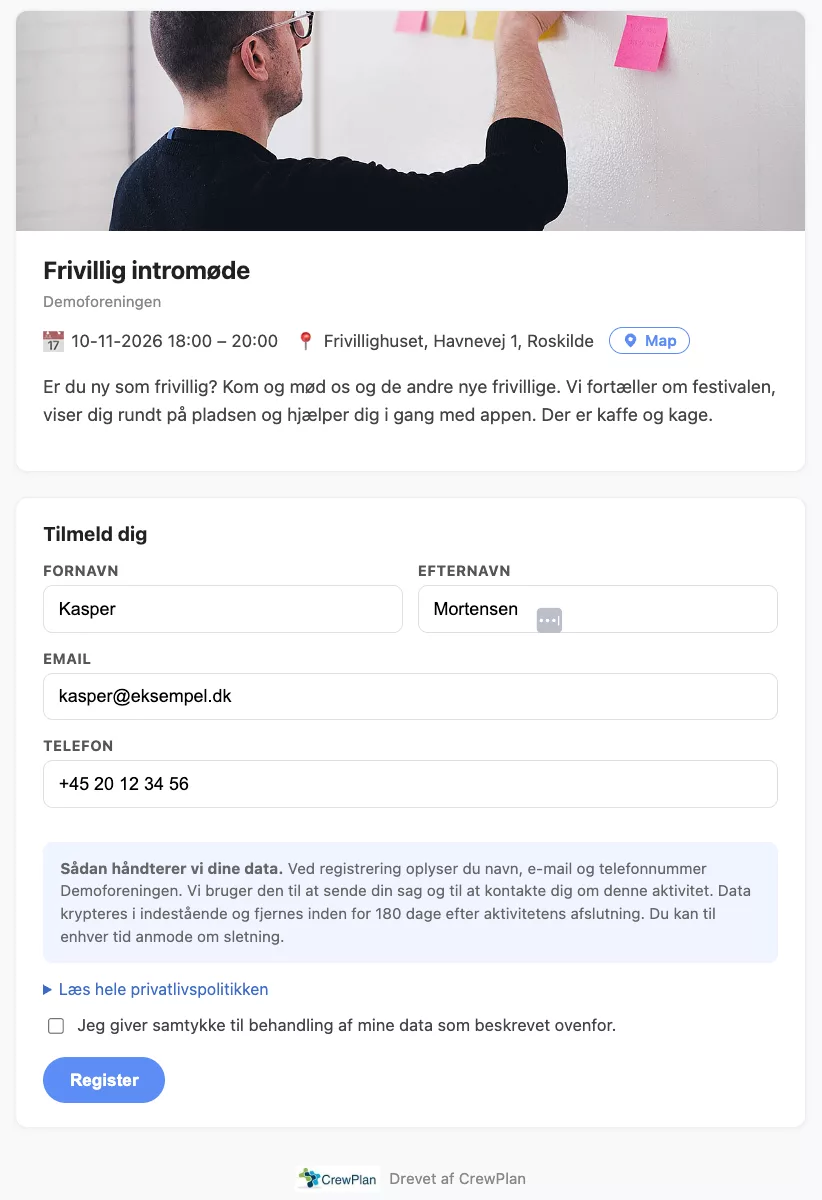 Den offentlige tilmeldingsside for et intromøde, som også folk uden CrewPlan-profil kan bruge