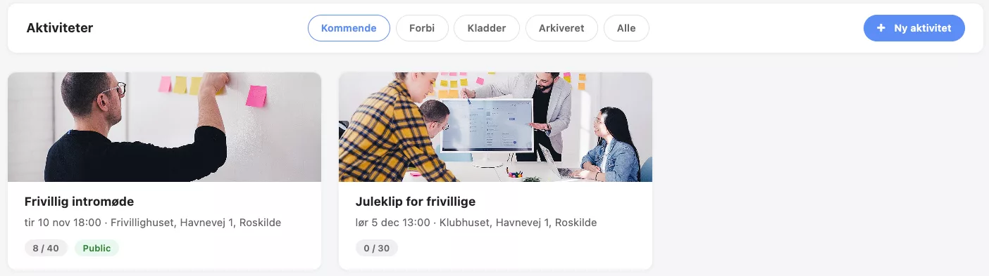 Oversigten over kommende aktiviteter med billede, tid, sted og antal tilmeldte