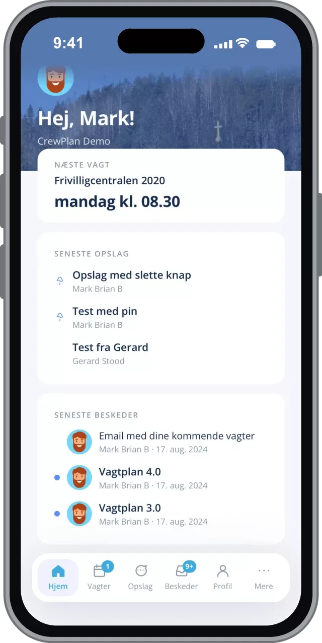 Appens forside med næste vagt, seneste opslag og beskeder