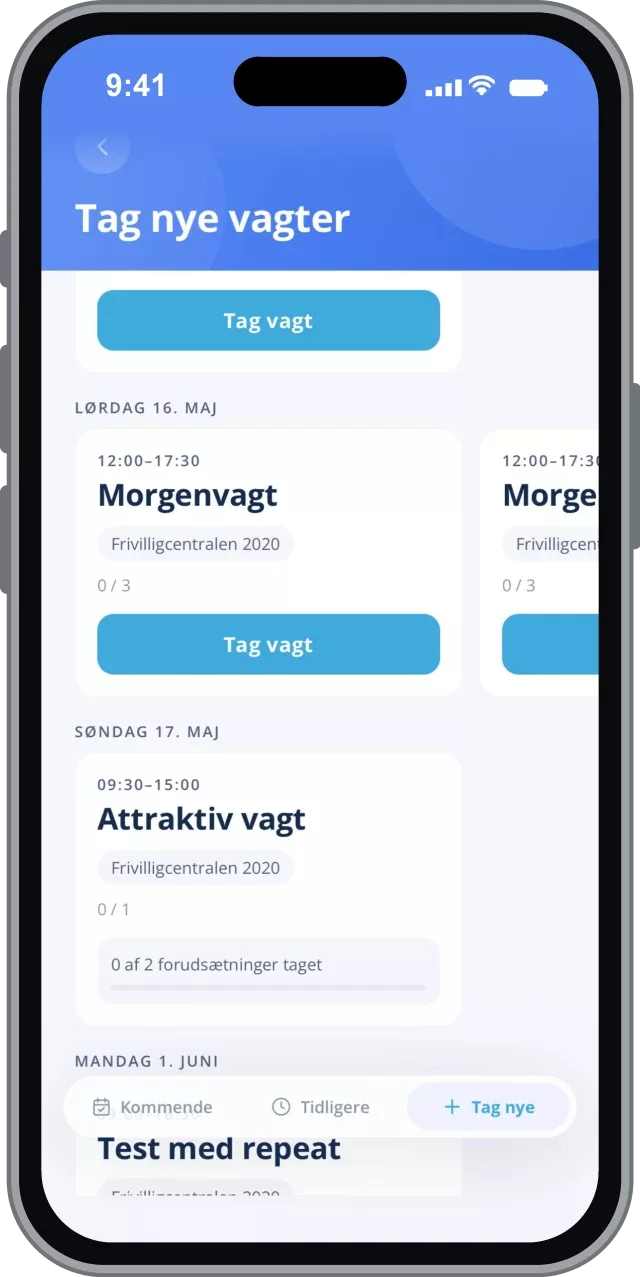 Ledige vagter i appen med knappen Tag vagt